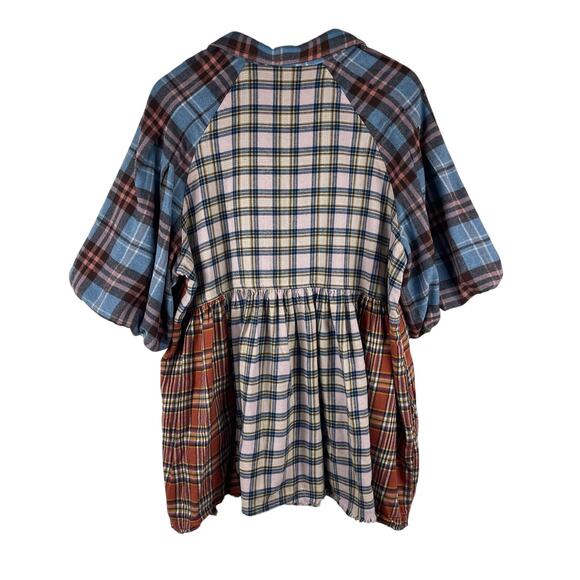 Oli & Hali Mixed Plaid Patchwork Flannel Tunic Henley Top Women's Large Boho - Picture 2 of 9